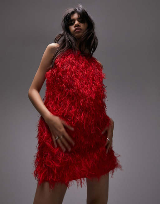 Topshop - Robe courte imitation plumes - Rouge