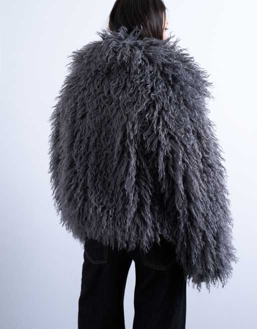 Topshop faux fluffy fur bomber coat in gray