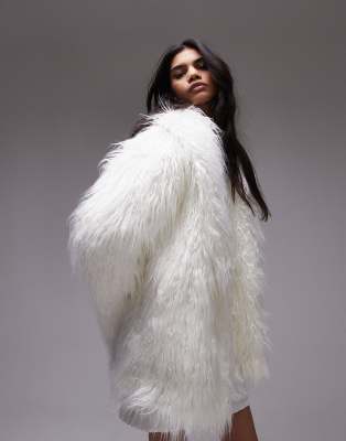 Topshop Faux Fluffy Fur Long Coat In White-neutral