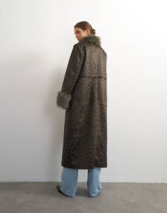 Model wearing Faux fur animal print longline coat in grey
