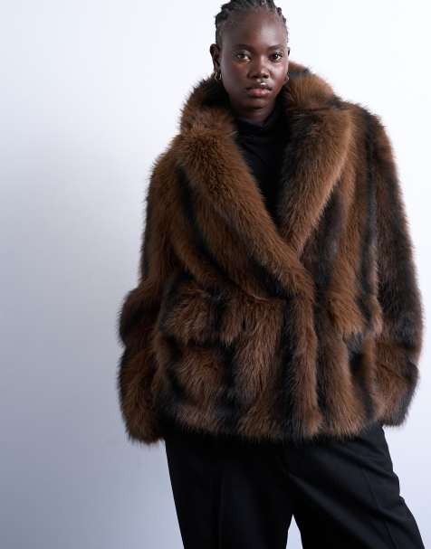 Topshop faux fur boxy blazer coat in brown stripe - view 1