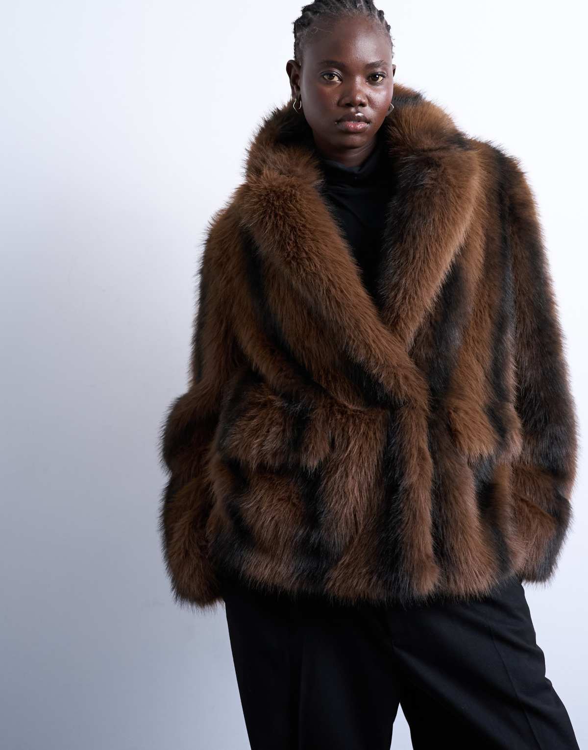 Topshop faux fur boxy blazer coat in brown stripe