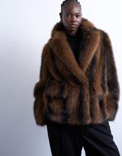 Faux fur boxy blazer coat in brown stripe