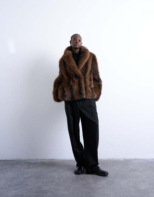 Topshop faux-fur boxy blazer coat in brown stripe, 2 of 4
