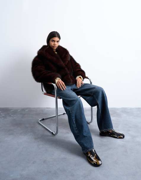 Topshop faux fur boxy shawl coat in dark burgundy - view 1