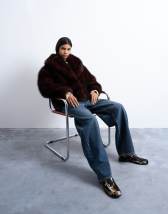 Topshop faux fur boxy shawl coat in dark burgundy