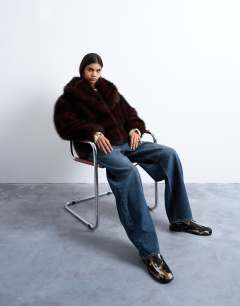 Faux fur boxy shawl coat in dark burgundy