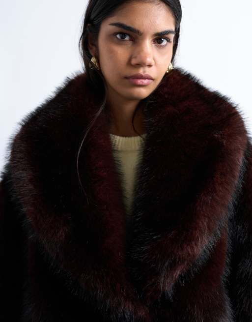 Topshop faux fur boxy shawl coat in dark burgundy