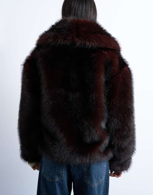 Topshop faux fur boxy shawl coat in dark burgundy