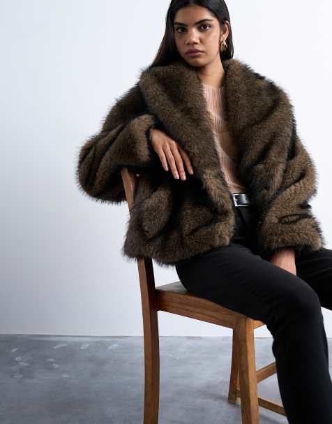 Topshop faux fur boxy shawl coat in mink - view 1