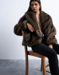 [Topshop] Topshop faux fur boxy shawl coat in mink-Neutral S mink