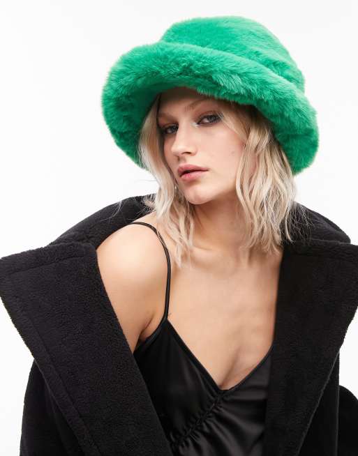 Topshop faux fur bucket hat in green ASOS