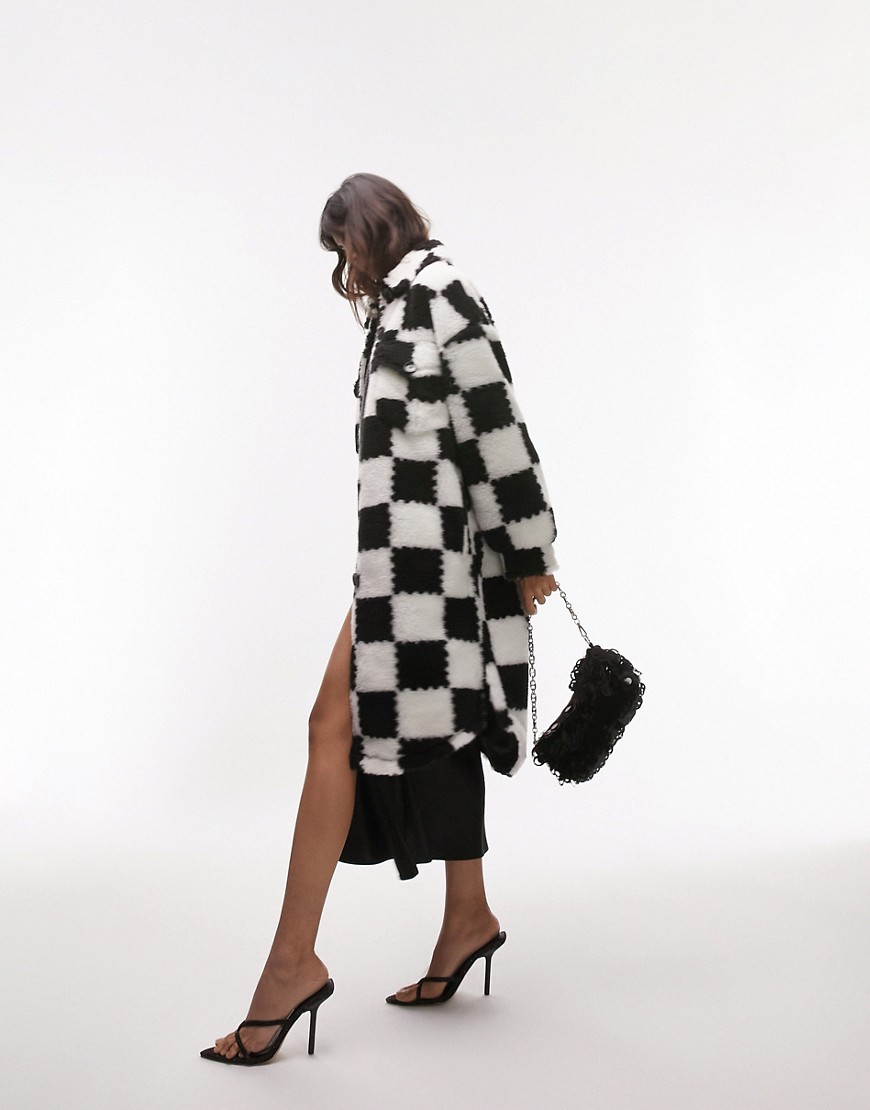 Topshop faux fur checkerboard longline coat in monochrome-Multi
