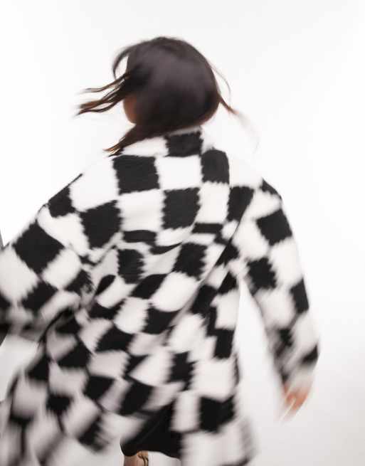 Topshop Petite faux fur checkerboard longline jacket in monochrome