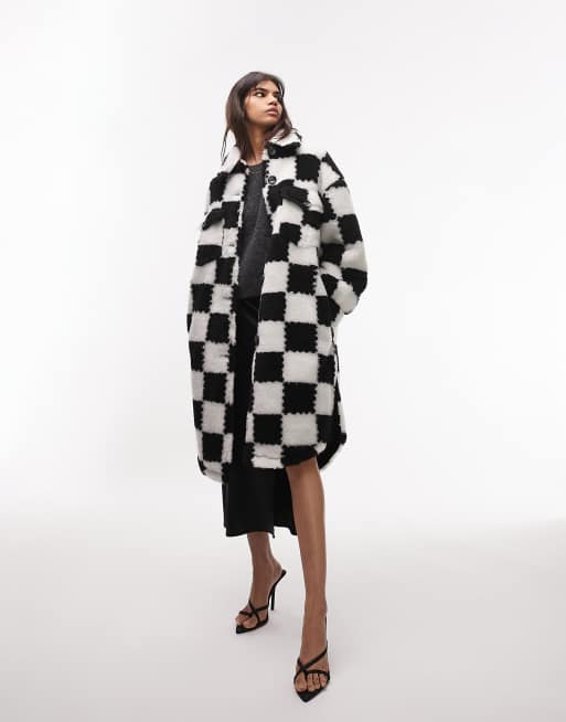 Topshop Tall faux fur checkerboard longline jacket in monochrome-Multi