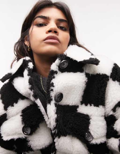 Topshop Tall faux fur checkerboard longline jacket in monochrome-Multi