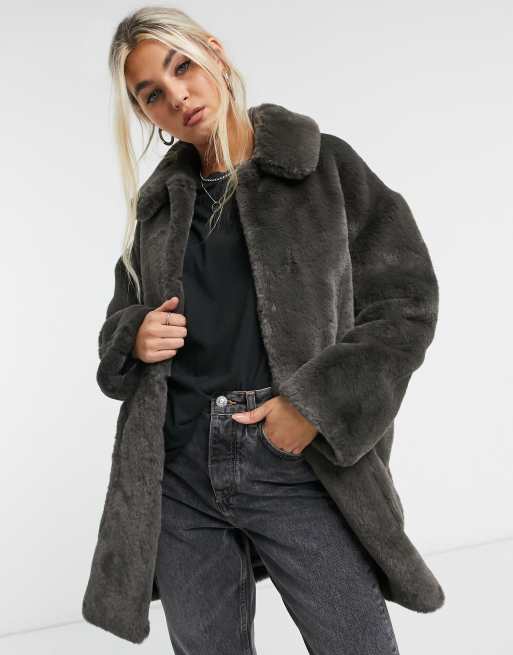 Topshop faux-fur coat in charcoal