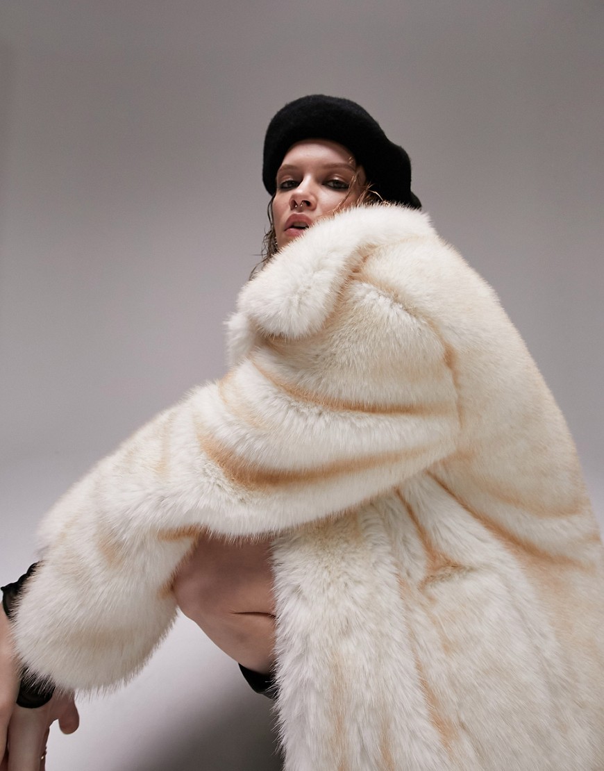 Topshop faux fur coat in cream-White