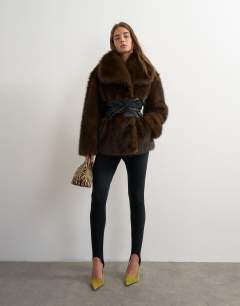 Faux fur coat with faux leather belt in brown