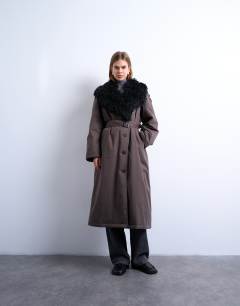 Faux fur collar and cuffs mac in brown