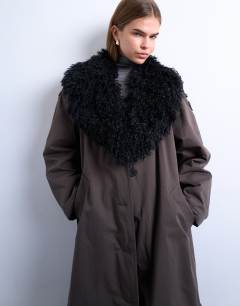 Model wearing Faux fur collar belted mac in brown