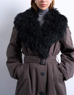 Model wearing Faux fur collar mac in brown