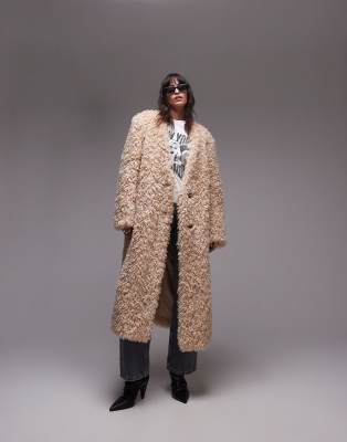 Topshop Faux Fur Collarless Long Coat In Honey-brown