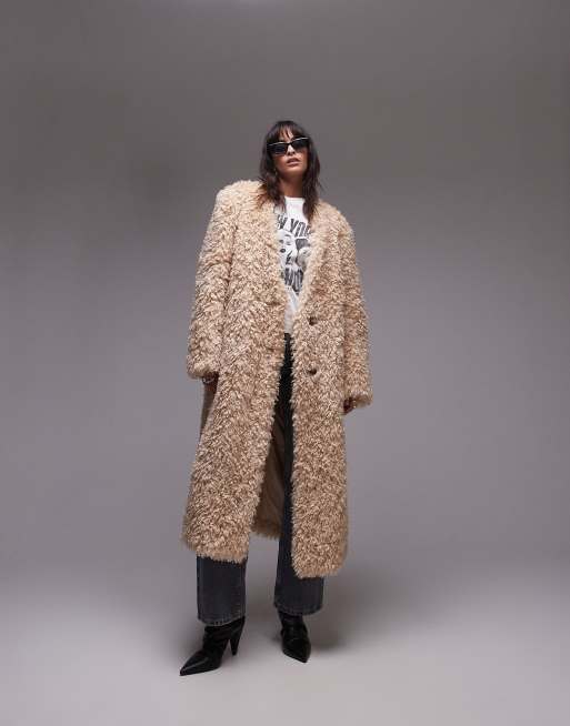 Topshop Faux Fur Long Coat in Honey Brown