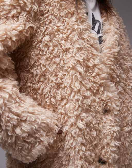 Topshop faux fur collarless long coat in honey
