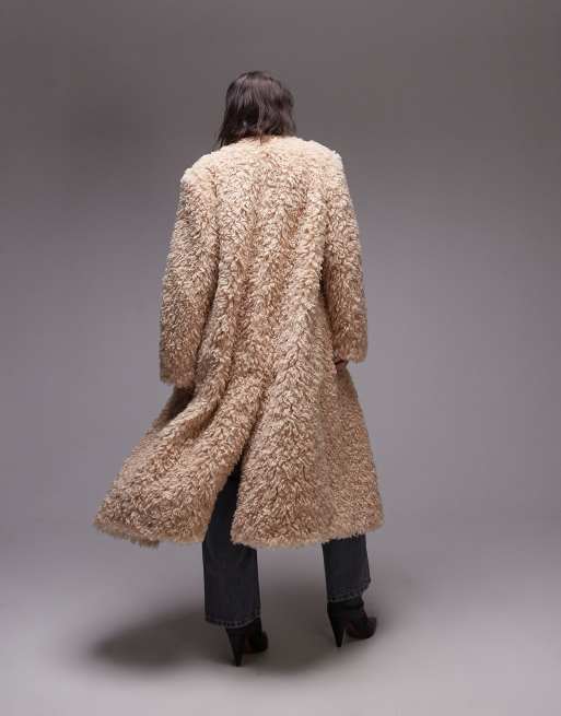 Topshop faux fur collarless long coat in honey