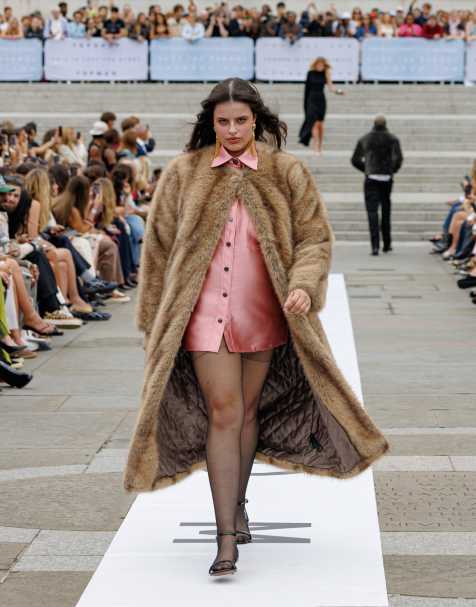 Topshop faux fur collarless long coat in natural stripe in beige - view 1