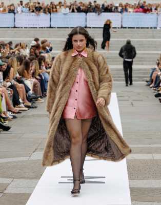 Topshop Faux Fur Collarless Long Coat In Multi