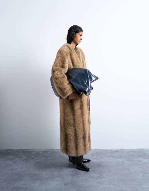 Topshop faux fur collarless long coat in natural stripe
