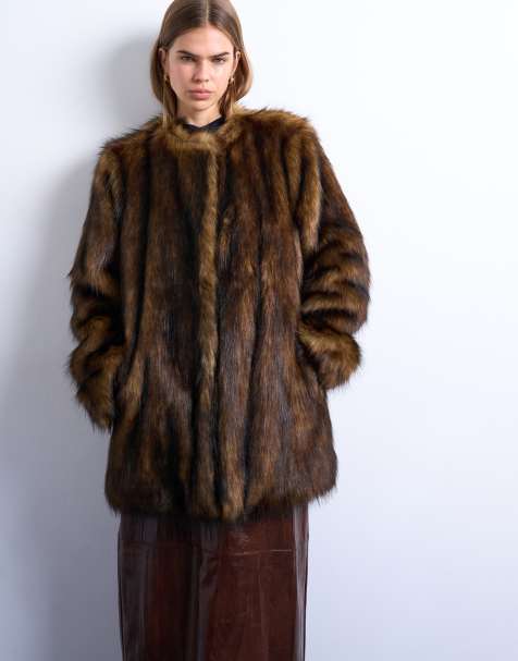 Topshop faux fur collarless mid length coat in ginger - view 1