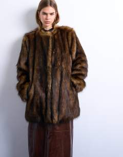Faux fur collarless mid length coat in ginger
