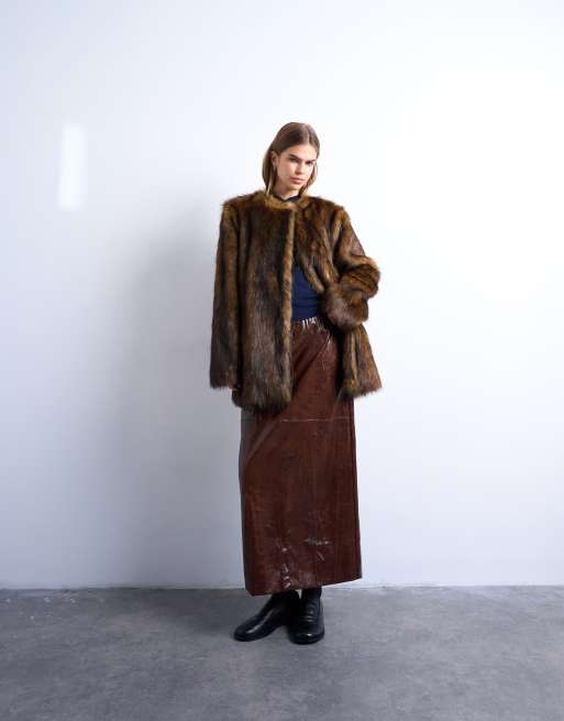 Topshop faux fur collarless mid length coat in ginger, 2 of 4