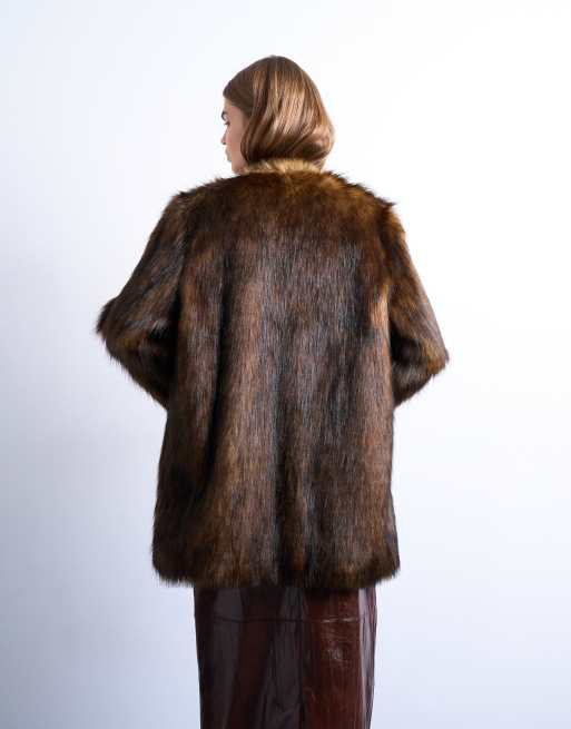 Topshop faux fur collarless mid length coat in ginger, 4 of 4