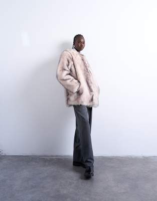 Topshop Faux Fur Collarless Mid Length Coat In White
