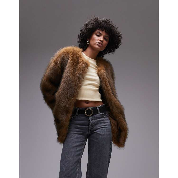 Topshop faux fur collarless short coat in multi | ASOS