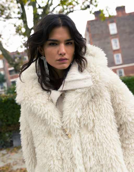 Topshop faux fur duffle hooded long coat in cream ASOS