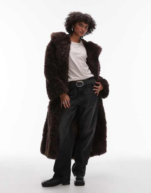 Topshop faux fur duffle hooded long coat in dark choc, 3 of 4