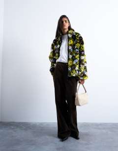 Faux fur floral bomber jacket in multi