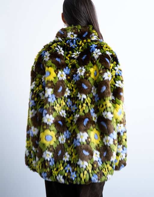 Topshop faux fur floral bomber jacket in multi