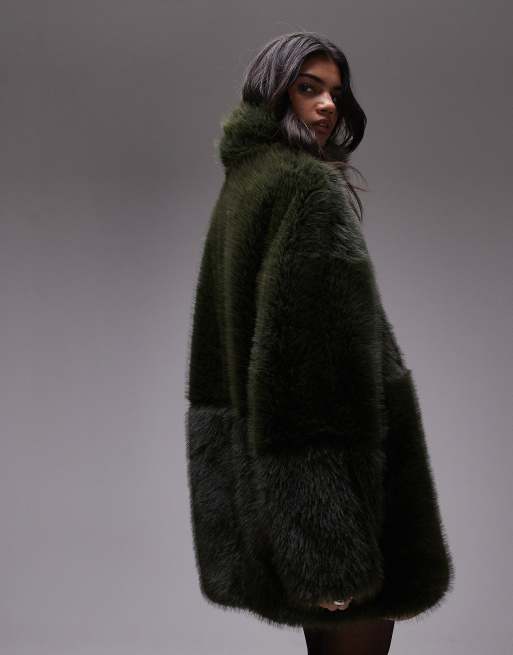 Topshop green faux fur coat top
