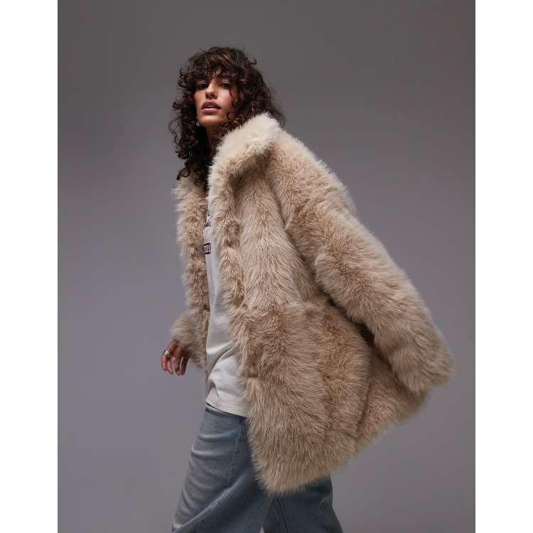 Topshop faux fur funnel midi coat in honey ASOS