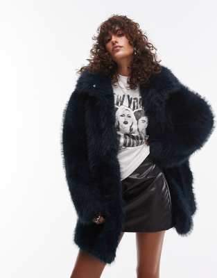 Topshop Faux Fur Funnel Midi Coat In Navy