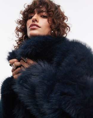 Topshop faux fur funnel midi coat in navy ASOS