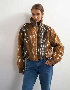 Faux fur funnel neck bomber jacket in deer print