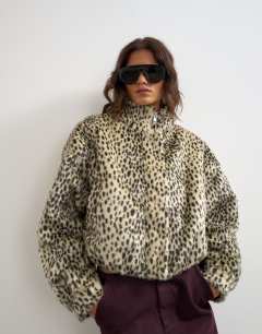 Faux fur funnel neck bomber jacket in spotted print