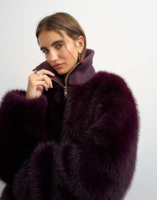 Topshop Faux Fur Funnel Neck Jacket In Purple